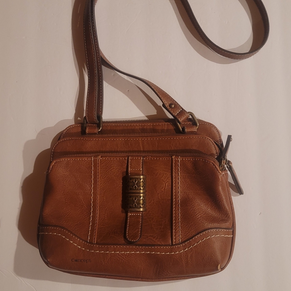 Concept Purse Crossbody Bag Brown Leather Multi Pocket With Adjustable Strap